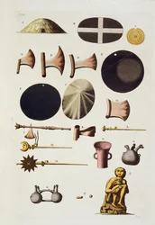Nástroje a artefakty Inků, Peru, z Le Costume Ancien et Moderne, svazek II, deska 22, od Julese Ferraria, publikováno kolem 1820-30