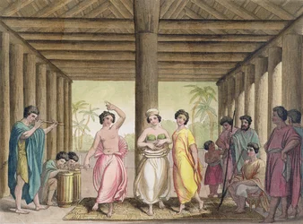 Interiér tahitského domu s tančícími dívkami, ilustrace ze sbírky cestopisů z počátku 19. století
