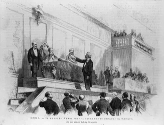 Italský skladatel Giuseppe Verdi (1813-1901) jmenován senátorem do Senátu v roce 1874 v Římě. Rytina z roku 1875.