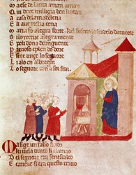 Miniatura Jesus chez Marie Madeleine z "" Del novo e del vedre testamento "" od Pietra da Barsegape (13. století) Milán 14. století, Biblioteca Braidense
