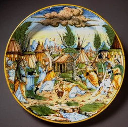 Židé na poušti (nebo sbírání many). Bůh sytí Izraelity, kteří by jinak zemřeli hlady, křepelčími vejci a manou (Mana). Keramický talíř z dílny Fontana v Urbinu v Itálii. Kolem roku 1560. Národní muzeum Bargello, Florencie