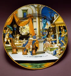 Josef a Putifarova žena. Josef prchá před Putifarovou ženou, která se ho snaží svést. Keramický talíř vyrobený v Urbinu v Itálii. Kolem roku 1537. Národní muzeum Bargello, Florencie