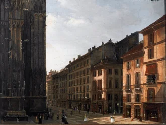 Ulička dómu v Miláně (Piazza del Duomo) - Anonymní obraz - Olej na dřevě - 1840 Museo Civico di Milano, Palazzo Morando