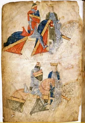 Lancelot du Lac s královnou Guinevere. Rukopis Rusticano da Pisa. ze 13. století. Benátská biblioteca Marciana