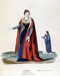 Leonorin kostým pro první znázornění Trouvère (Trovatore) od Giuseppe Verdiho (1854) biblioteca de la scala de Milan