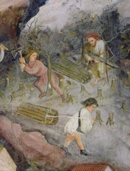 Dřevorubci při práci. Kácení stromů v lese (freska)