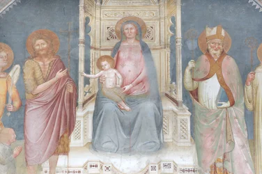Madona s dítětem, Anděl Gabriel, Svatý Jan Křtitel, Svatý Ambrož, Svatý Bernard