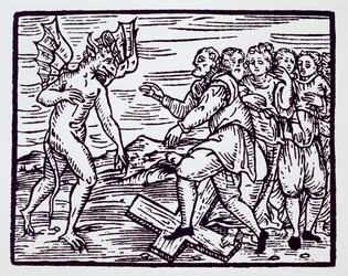 Mužský čaroděj zříkající se Krista, kopie ilustrace z Compendium Maleticarum od otce M. Guaccia, Milán 1608, použitá v Dějinách magie, vydaných koncem 19. století