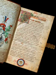Rukopis „“De Bello Gallico, Komentáře k válce Galů”” od Julese Cesara (Giulio Cesare nebo Caius Julius Caesar) (100-44 př. n. l.) (ms. 541) Blazon humanisty Niccola Tranchediniho, vlastníka rukopisu. Biblioteca Riccardiana Neapol ze 14. století