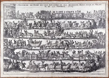 Maškaráda: průvod a tanec masek lidí u příležitosti masopustu. Milan 20.2.1764 Rytina 18. stol