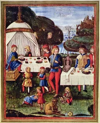 Maximilian Sforza jako dítě při jídle na zahradě, ilustrace z kopie ‚Ars grammatica‘ (velum)