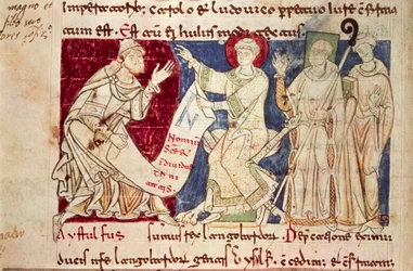 Miniatura z Chronicon Vulturnense, iluminovaný kodex složený mnichem Iohannesem, cca 1130, Itálie