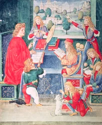 Paní 2167 f.13v Maximilian Sforza navštěvující jeho lekce, Lombard, z „Donatus Grammatica“ (vellum)