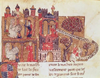 Ms 269 Fol.108 Aristoteles (384-322 př. n. l.) poučuje Alexandra Velikého (356-323 př. n. l.) o mravech a pohrdání ženami, z knihy Le Livre du Tresor od Brunetta Latiniho (1220-94).