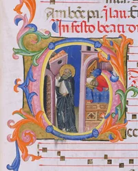 Ms 559 f.298v Historická iniciála G znázorňující svatého Dominika, jak se hlásí k církvi a sen papeže Honoria III. (1216-27) ze žaltáře H ze San Marco e Cenacoli