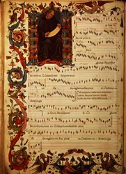 paní Med. Kamarád. 87 Strana hudební notace s historickou iniciálou, z kodexu Squarcialupi, vyrobeného ve florentském klášteře S. Maria degli Angeli (vellum)