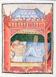 Nouv Acq Lat 1673 fol.100 Pár v posteli, od Tacuinum Sanitatis, kolem 1390-1400