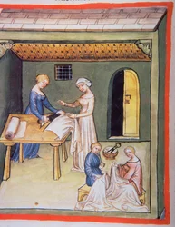 Nova 2644 fol.105v The Tailors Shop: Clothes of Linen, od Tacuinum Sanitatis
