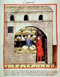 Nova 2644 fol.60v Prodej vyzrálého sýra, od Tacuinum Sanitatis