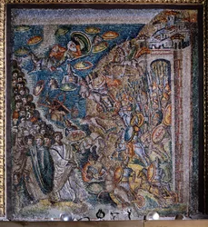 Deska s mozaikou zobrazující přechod přes Rudé moře, centrální loď, bazilika Santa Maria Maggiore, Řím, Itálie, 5. stol.
