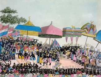 Panoramatický pohled na Yam Custom, z Costumi dei... Giulio Ferrario, cca 1820-30s