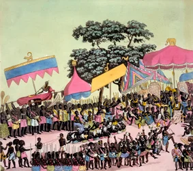 Panoramatický pohled na Yam Custom, z Costumi dei... Giulio Ferrario, cca 1820-30s