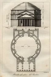 Pantheon v Římě, dokončený kolem roku 125 n. l. za vlády Hadriána - rytina z knihy „Zvyky a obyčeje všech národů světa. Aneb dějiny vlády, zákonů, vojenství a náboženství všech národů od nejstarších dob až po současnost“