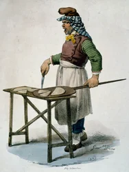 Výrobce pizzy, cca 1820, rytina, Itálie