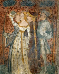 Hraní míčové hry, detail ze scén z turnaje a dvorský život z Casa dEstate (Letní dům), 1388-1400