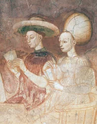 Hra s tarotovými kartami, scéna z cyklu Hry, cca 1445-1450, freska, Palazzo Borromeo, Milán, Lombardie, Detail, Itálie
