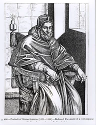 Portrét papeže Sixta V. (1520-90) ilustrace z „Vědy a literatury ve středověku a renesanci“, napsal a vyryl Paul Lacroix, 1878