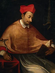 Portrét svatého Karla Boromejského (1538-1584), italského arcibiskupa a kardinála, obraz anonymního autora, kostel San Carlo, Arona, Piemont, Itálie