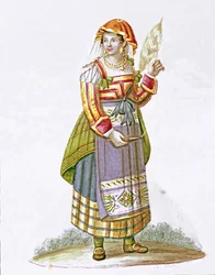 Portrét mladé ženy z Pietracanale v regionu Abruzzo v tradičním oděvu, Itálie. 19. století. Museo Nazionale di San Martino, Neapol
