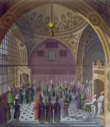 Přijetí západních velvyslanců velkovezírem sultána v Konstantinopoli, kolem roku 1820 (barevná rytina)