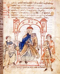 Zastoupení hraběnky Mathildy z Canossa (nebo hraběnky Mathildy z Toskánska) (1046 - 1115). „Vitas mathildis“ od Donizone. Rukopis 13. století, Lucca, Bibl. Governativa.