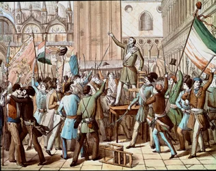 Zastoupení Daniele Manina (1808-1857), politika, který vedl benátskou revoluci proti rakouské přítomnosti v roce 1848: vyhlášení Benátské republiky v březnu 1848. (Vyhlášení Benátské republiky v březnu 1848, s reprezentací