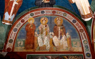 Znázornění svatého Štěpána, křesťanského mučedníka, svatého Tomáše Becketa (1118-1170), arcibiskupa z Canterbury a svatého Mikuláše z Myry nebo Bari (270-345) Anonymní freska (13. století) Dolní kostel. Klášter Saint Benedetto (Sacro Speco), Subiaco (Řím