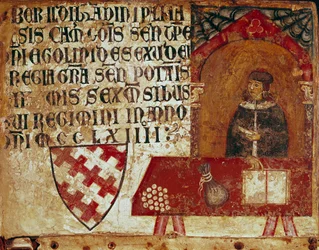 Znázornění camerlingvisty sedícího ve své kanceláři Anonymní malba na dřevě Biccherny (obálka účetního rejstříku města Siena) 1250. Siena Archivio di Stato, Itálie