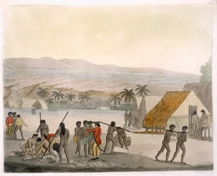 Sandwich Islands - Zápaďan vyjednává o obchodech, deska 92 z Le Costume Ancien et Moderne, Jules Ferrario, publikováno kolem 1820-30s