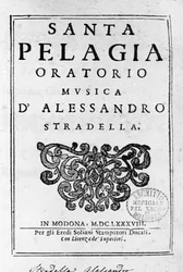 Santa Pelagia, frontispis partitury oratoria Alessandra Stradelly (1644 - 1682), italského skladatele. Modena 1688.