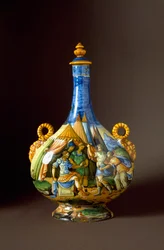 Výjevy z Ovidiových Proměn. Keramická karafa vyrobená v Urbinu v dílně Fontana, Itálie. 16. století, Florencie, Museo Nazionale del Bargello