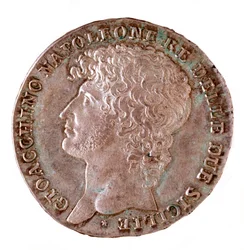 Stříbrná mince (piastra) z Neapole: Joachim Murat (1767-1815) král Neapole. 1810 Průměr 3,7 cm Neapol, museo archeologico