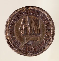 Stříbrná mince (testone) z Ferrary: vláda vévody Ercola I. d