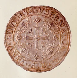 Stříbrná mince z Janovské republiky (Genes) s křížem. 1670. Prům. 5,8 cm Neapol, museo archeologico