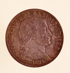 Stříbrná italská mince (ecu) z království Sardinie: vláda Vittoria Emanuela I. (Victor Emmanuel I) (1759-1824). 1821. Prům. 3,8 cm Neapol, museo archeologico