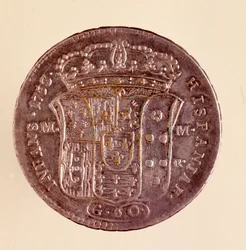 Stříbrná piastra z Neapole: Vláda Karla III Španělska (1716-1788). 1750. Průměr. 4 cm Neapol, archeologické muzeum