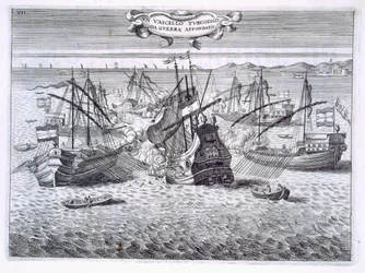 Potápění turecké válečné lodi, ilustrace z „Hodnoty Toskánska v nejvýznamnějších podnicích rytířů Santo Stefano“ od Fulvia Fontany, vyryto H. Vincentem, 1701