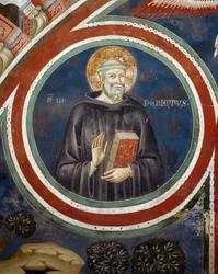 Svatý Benedikt, freska druhého spolupracovníka od Consola nebo magistra Consolu, dolní kostel kláštera posvátné jeskyně, Subiaco, Itálie