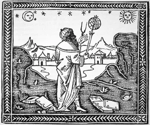 Astrolog Albumasar (787-885) kopie ilustrace z jeho Introductorium v Astronomiam, Benátky 1506, použitá v Historii magie, publikované koncem 19.