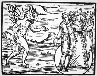 Evokace ďábla, kopie ilustrace z Compendium Maleticarum od P. M. Guaccius, Milán 1608, použitá v Historii magie, vydané koncem 19. století